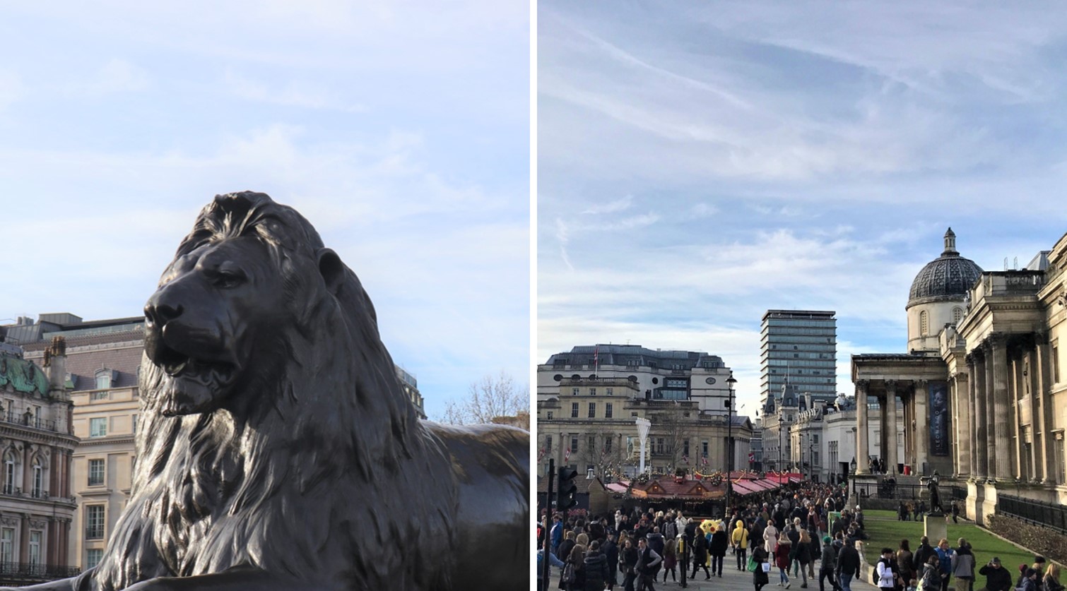 ナショナル・ギャラリーに面したトラファルガー広場には、噴水や４頭の大きなライオンの像がある