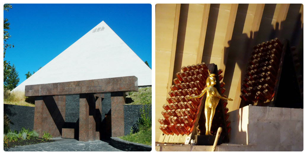 エジプトの女神が飾られたピラミッド型のカーヴ。ワインの熟成とともに新月と満月の夜には地元の人が集まりメディテーションが行われるそう。