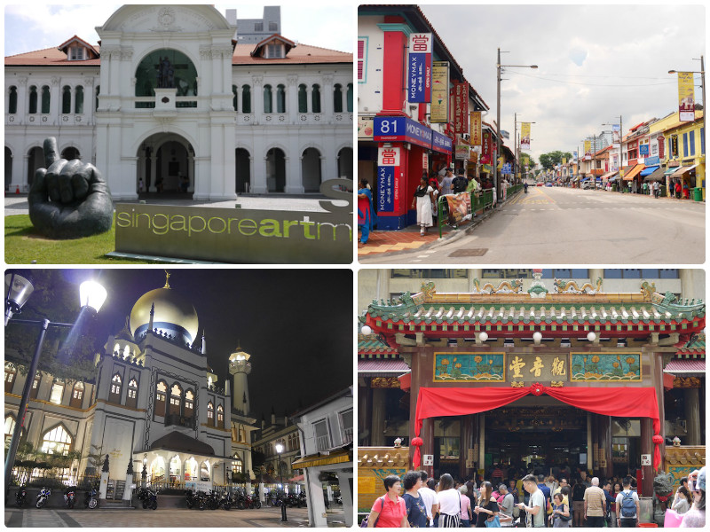 右上：リトルイディア、右下：観音堂、左下：サルタン・モスク、左上：シンガポール美術館、