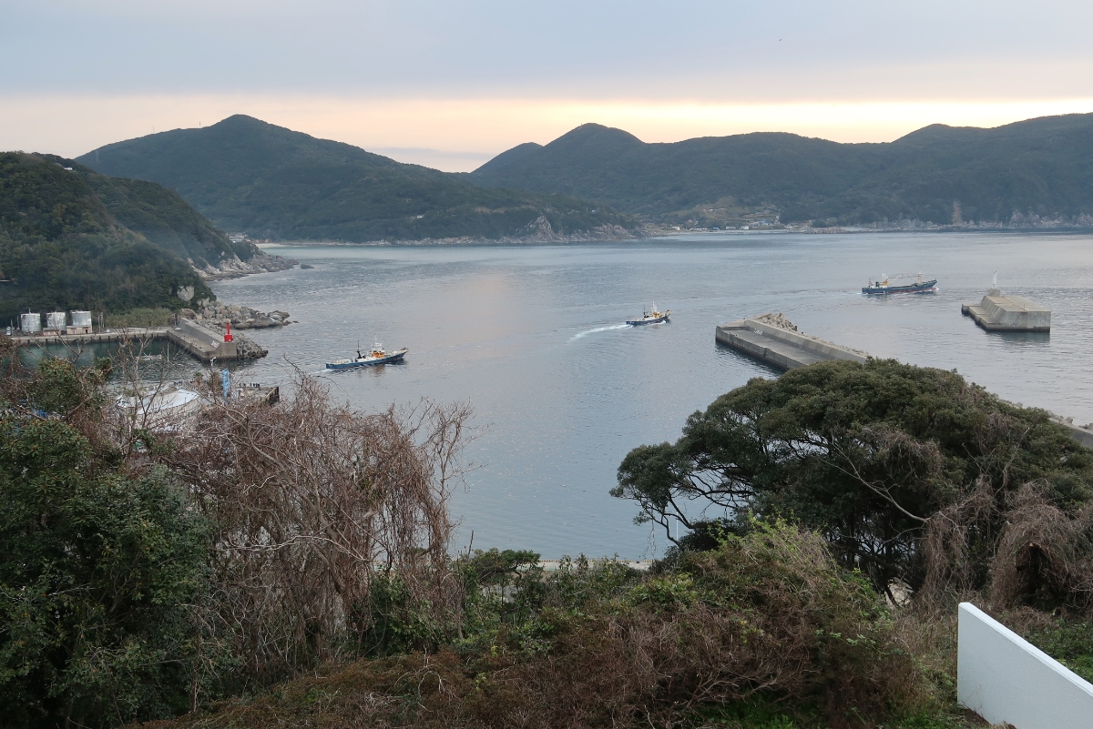 ホテルの眼下に広がる奈良尾港。この日は月に一度、まき網船が船団を組んで出港する日に当たり、普段は静かな港が活気にあふれていました。
