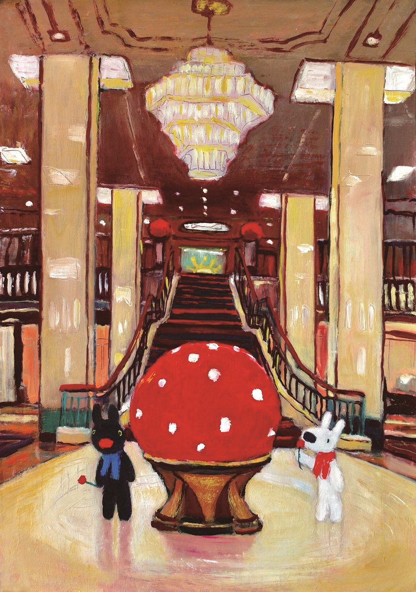 １階のランデブーラウンジに展示されるオリジナルアート。ロビーのバラにいたずらをするリサとガスパールの表情に、見ているこちらも楽しくなってくる。©2021 Anne Gutman & Georg Hallensleben／Hachette Livre